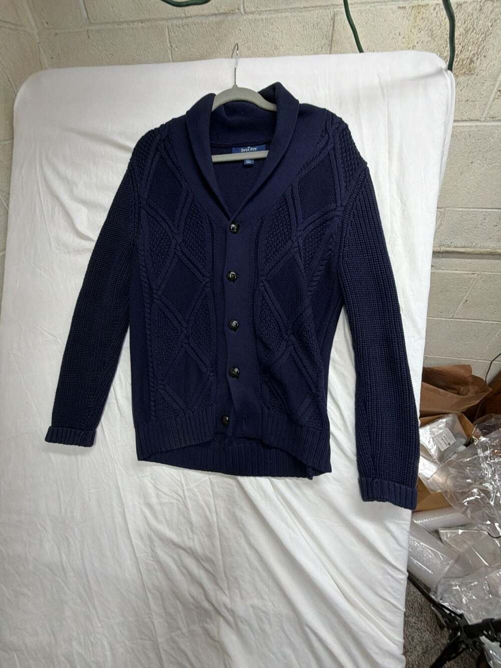 The Savile Row Company London Navy Blue Shawl Collar Cable Knit Cotton Cardigan
